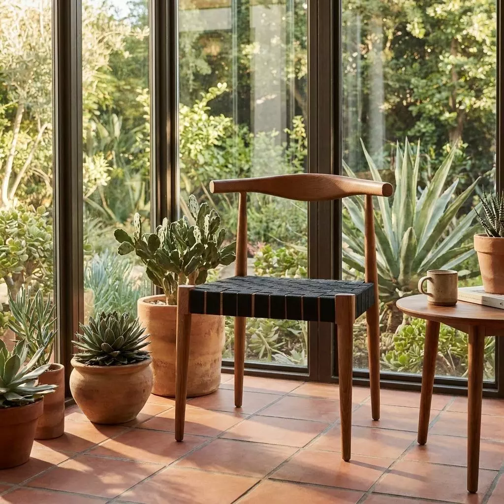 Chaise frêne teinté noyer et sangle noire dans une véranda en terre cuite, plantes succulentes en pots et lumière chaude