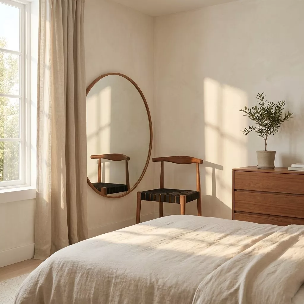 Chaise frêne teinté noyer et sangle noire dans une chambre épurée aux murs stuc, miroir rond et petit arbuste en pot