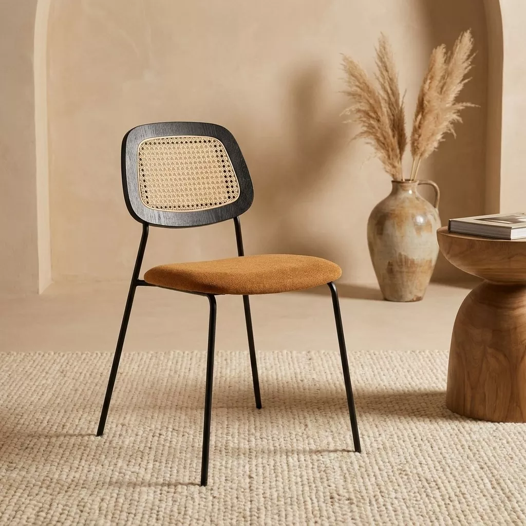 Chaise à assise tissu curry et dossier cannage encadré de bois noir, structure tubulaire acier noir, mur enduit terre cuite