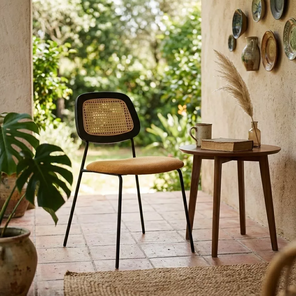Chaise à assise curry et dossier cannage bois noir sur un patio carrelé terre cuite, grande plante verte au sol