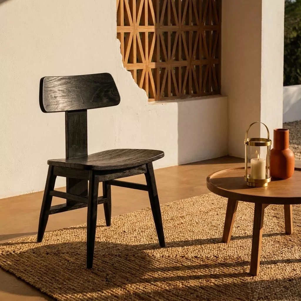 Chaise mid-century noire en teck sur terrasse au mur enduit blanc, claustra de bois ajouré, tapis jute et jarre terracotta