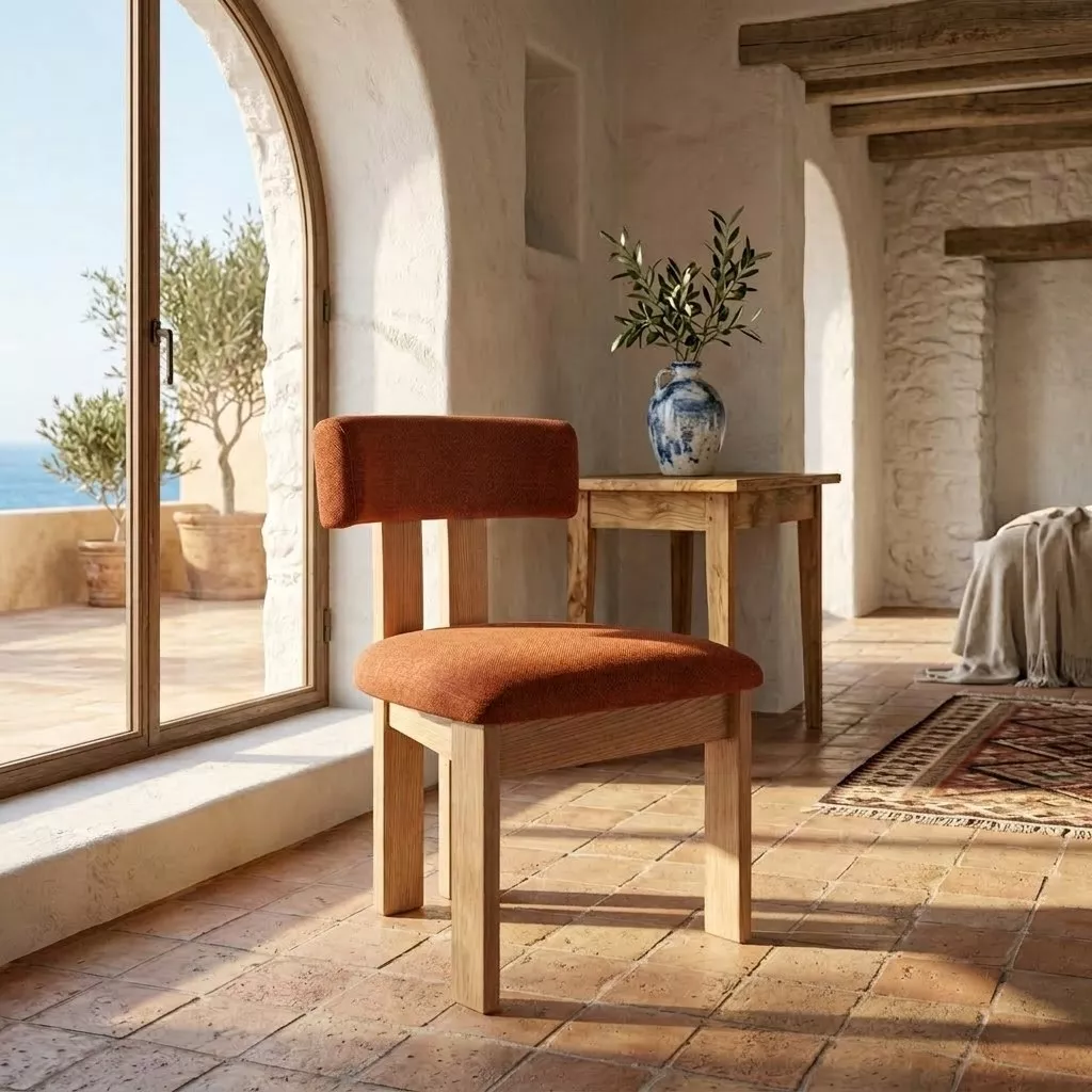 Chaise en tissu chenille terre cuite et bois clair devant une baie cintrée, sol en tomettes, lumière méditerranéenne