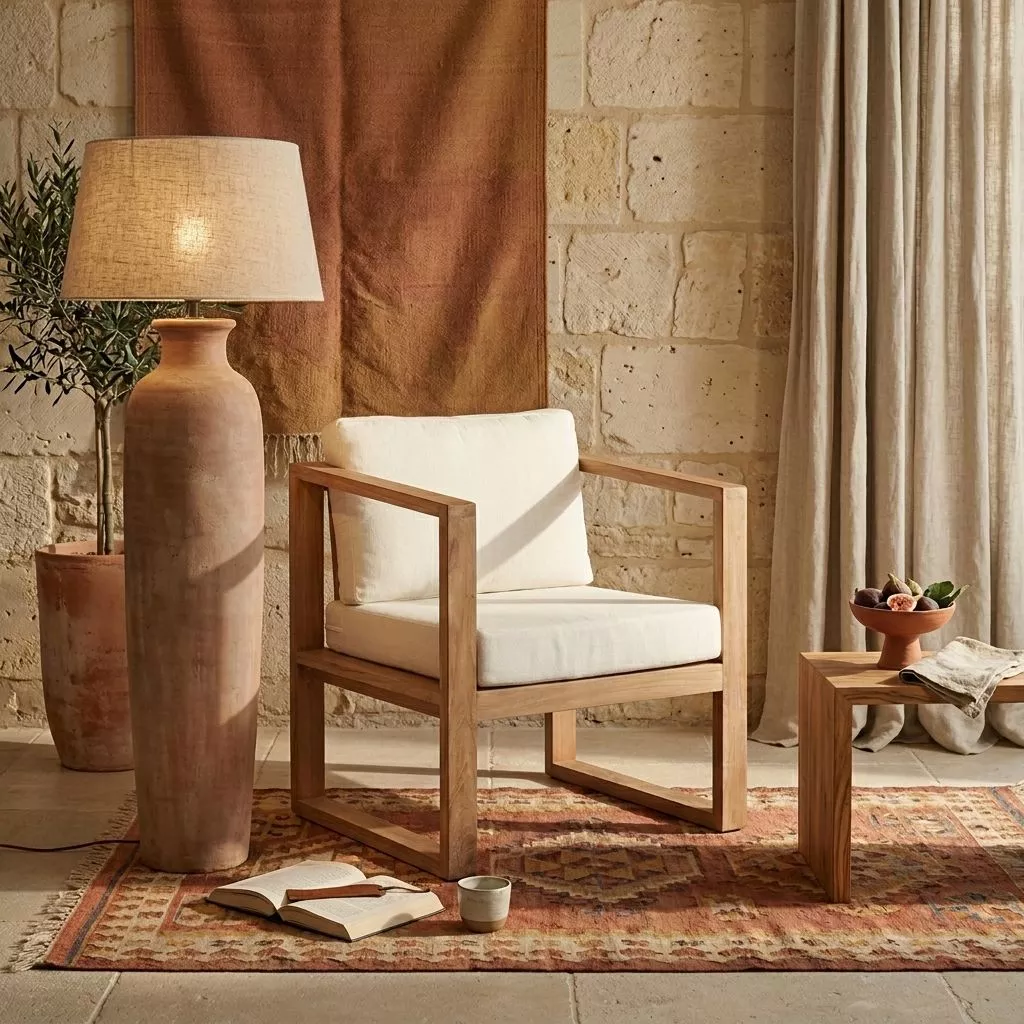 Fauteuil teck blond coussins ivoire sur kilim terracotta, mur pierre calcaire, lampe terracotta allumée et rideau lin naturel