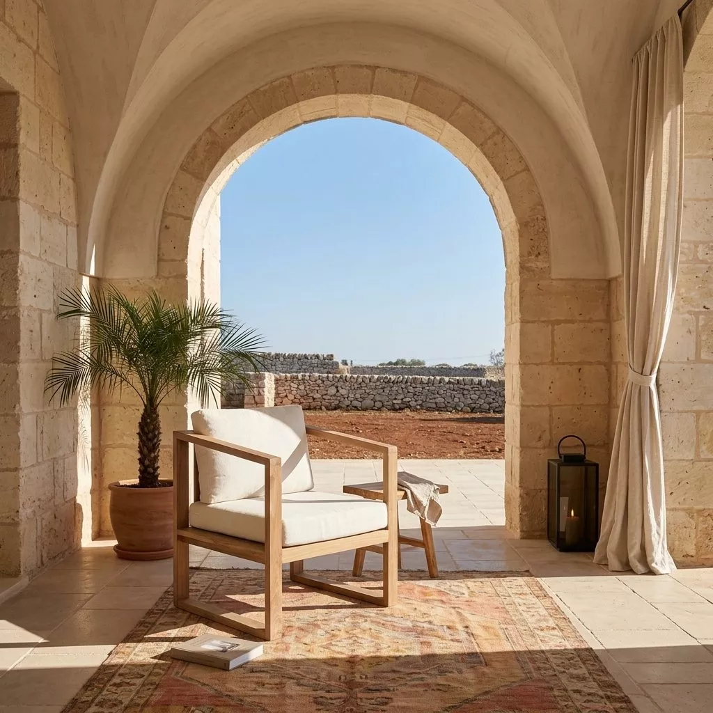 Fauteuil teck coussins ivoire sous arche calcaire, terrasse méditerranéenne ouverte sur ciel bleu, palmier et kilim ocre