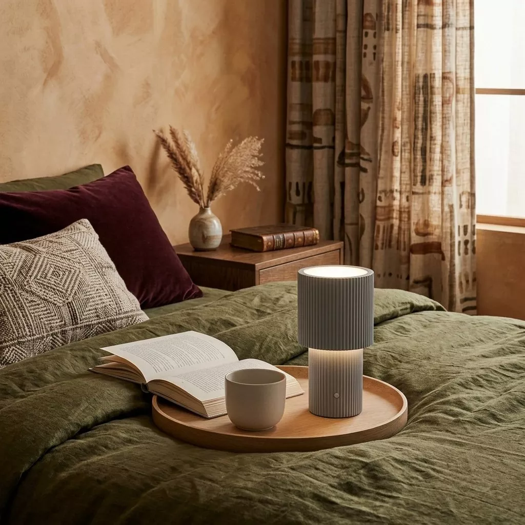 Lampe sans fil argent sur un plateau en bois près d'un livre, chambre aux murs en enduit terre et linge vert olive.