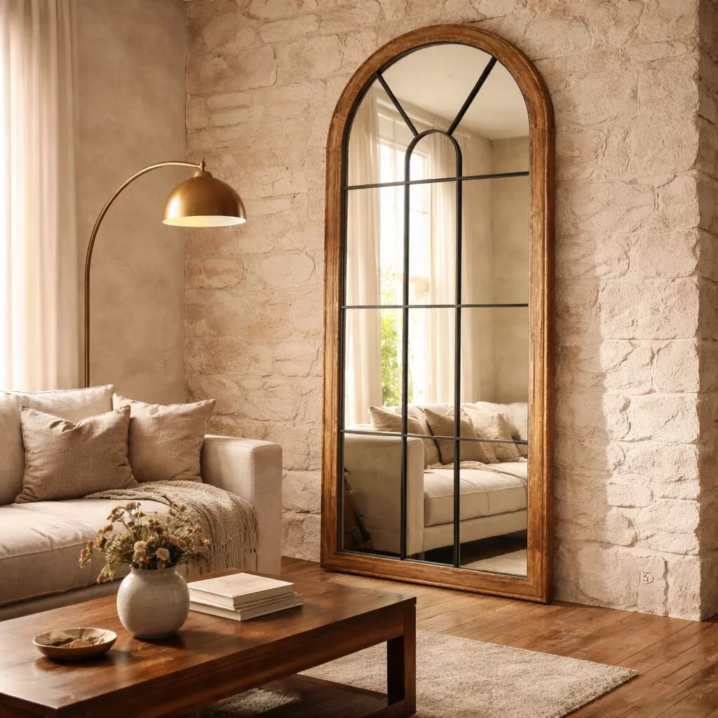 Miroir arche bois recyclé aux meneaux noirs, salon mur pierre claire, canapé lin écru et lampadaire arc en métal doré.