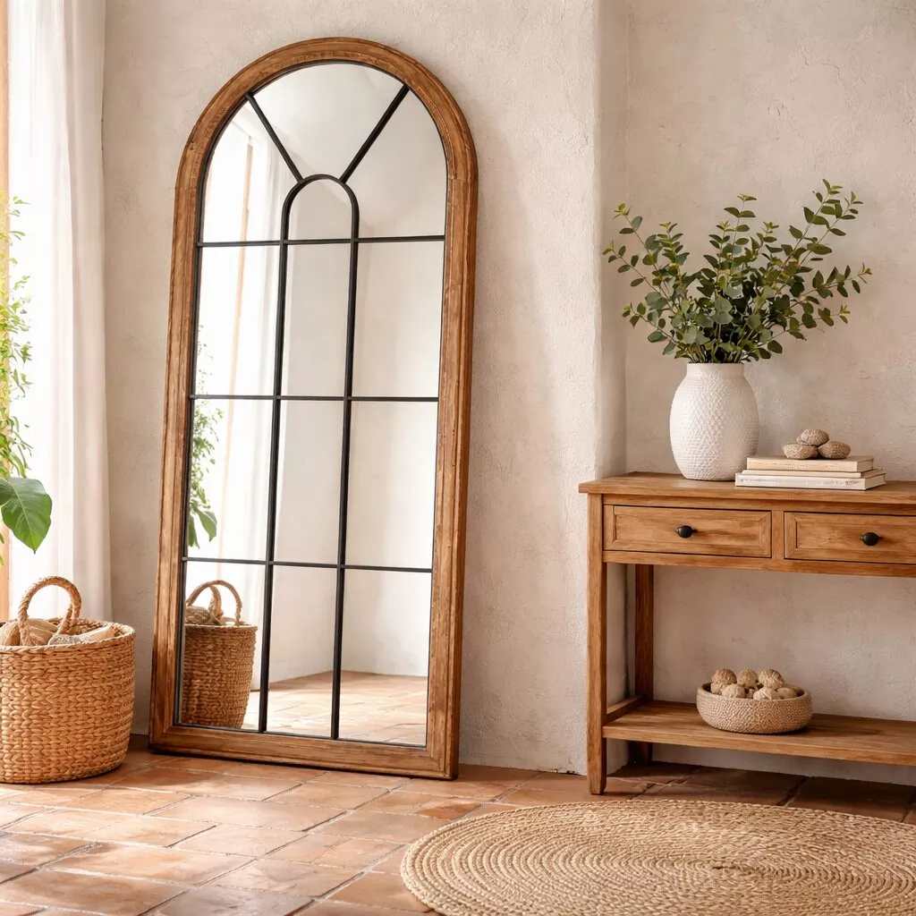 Miroir arche bois recyclé aux meneaux noirs, entrée méditerranéenne aux murs chaux beige et sol en terre cuite.