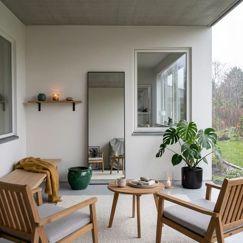 Miroir plein pied noir dans un patio aux murs blancs, mobilier en bois clair et grande plante verte en pot