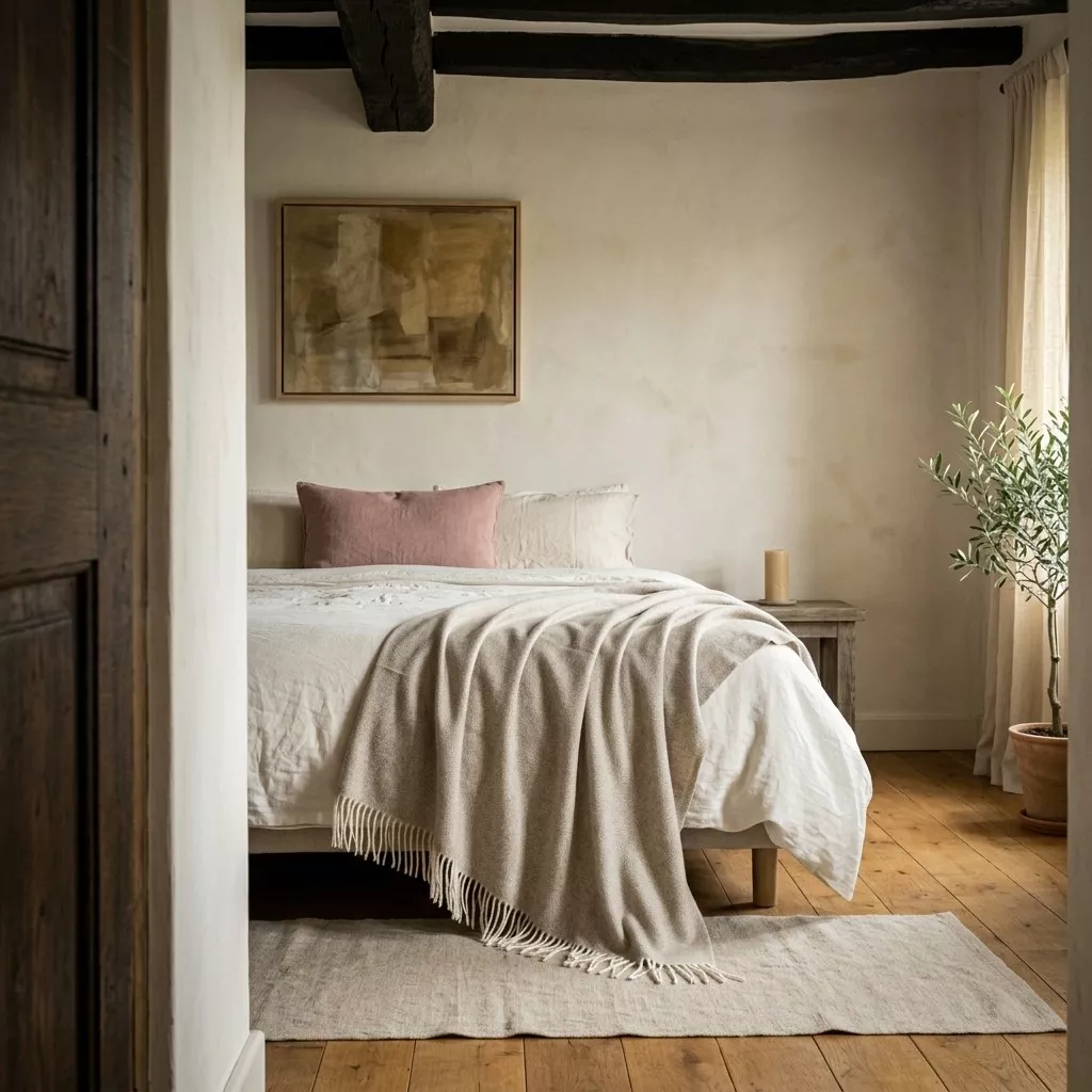 Plaid écru drapé en pied de lit en bois clair, chambre aux murs enduit clair, poutres apparentes et plante terre cuite.