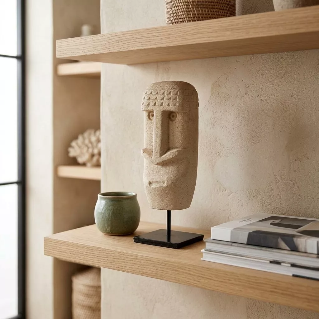 Statue de visage en grès beige sur socle métal noir, posée sur une étagère en bois clair devant un mur enduit chaud