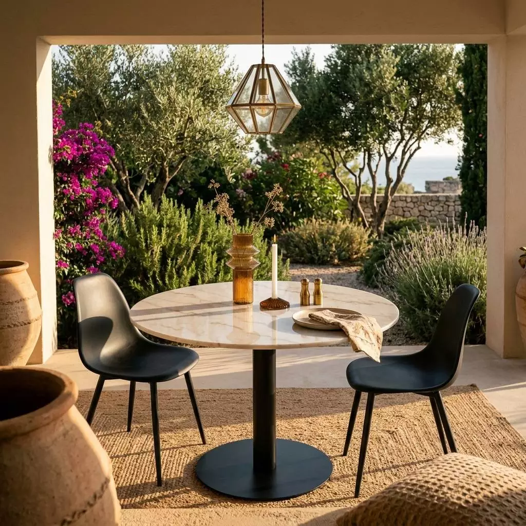 Table ronde marbre blanc, pied central acier noir sur terrasse, oliviers, jarre terre cuite et suspension laiton.