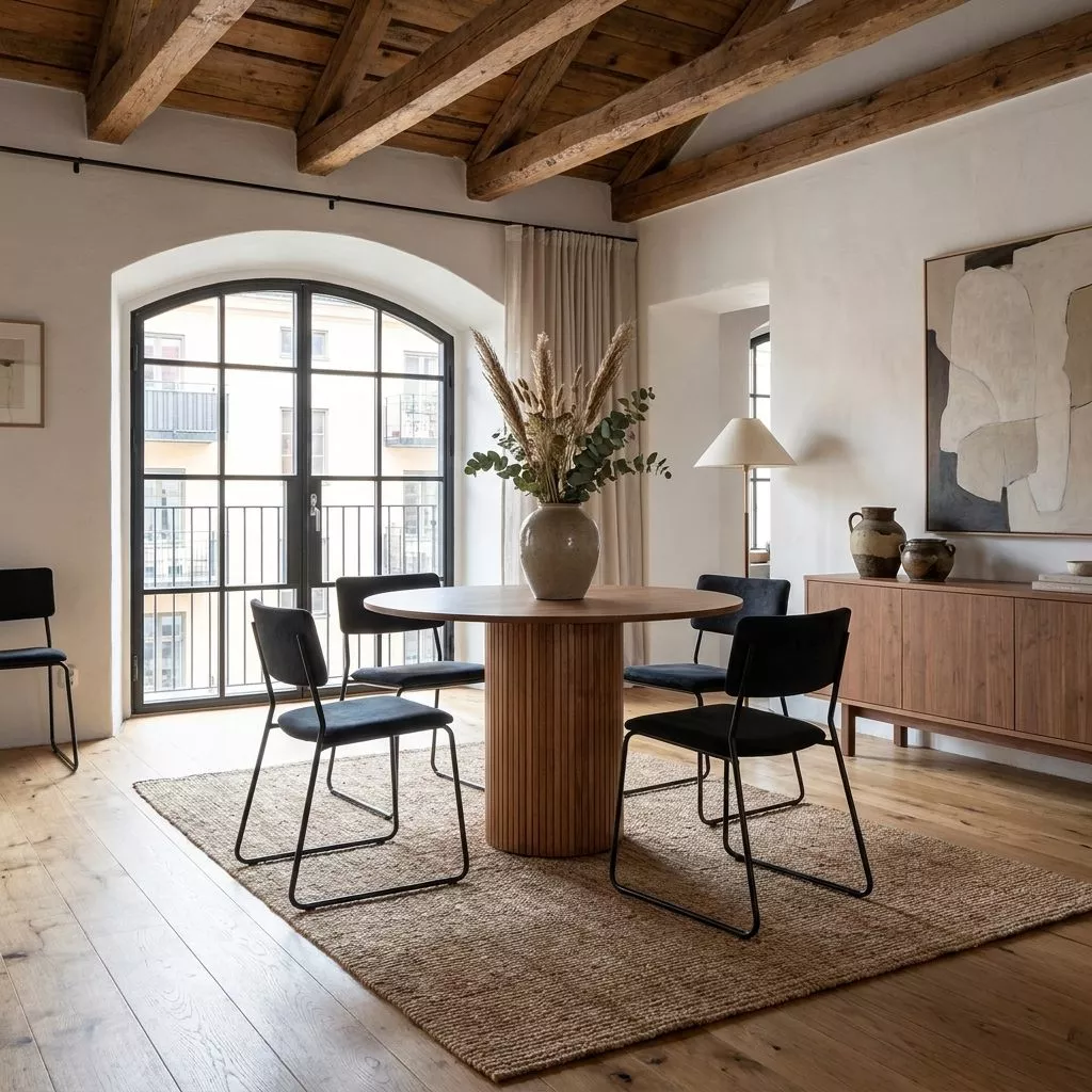 Table ronde placage noyer à pied cannelé sous poutres apparentes, chaises noir mat et grand vase de pampas sur tapis sisal.