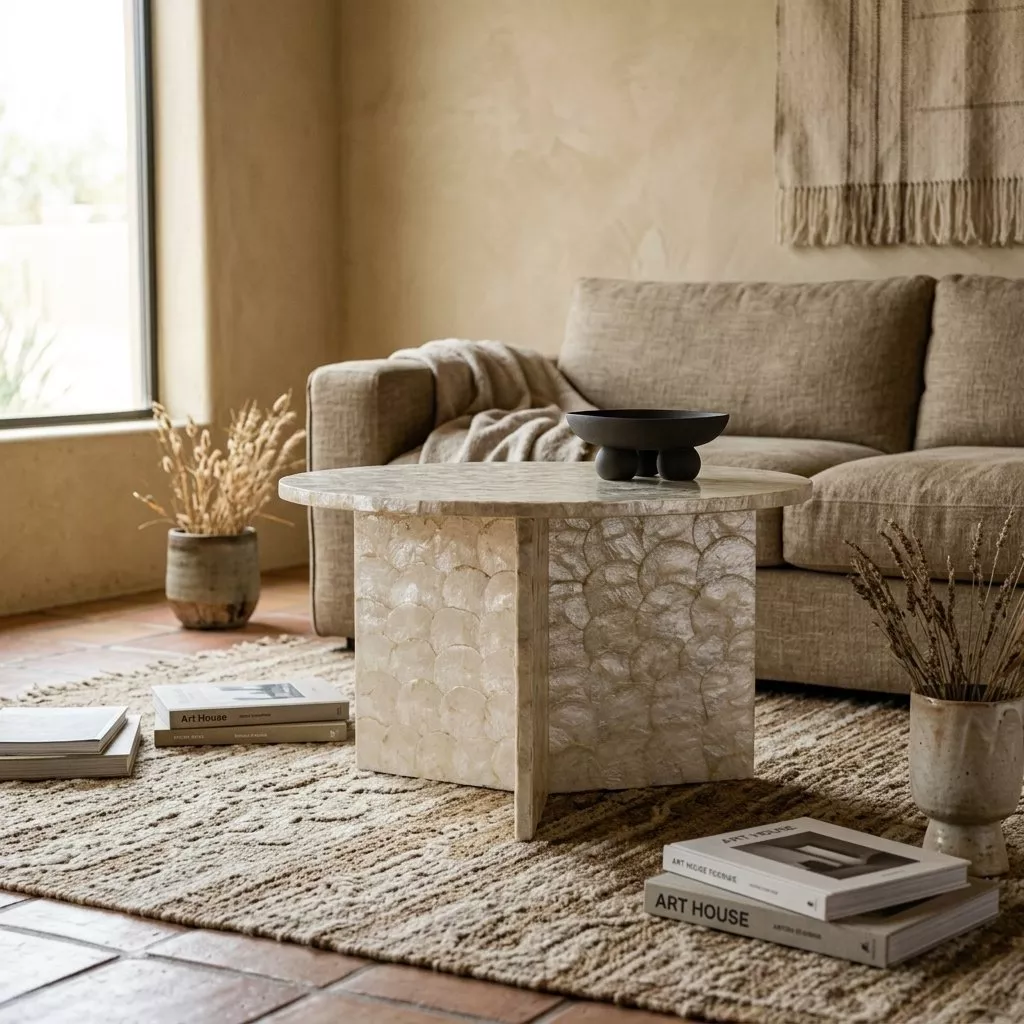 Table basse ronde en capiz nacré, sol carrelage terracotta, coupelle noire et branches sèches dans un salon clair