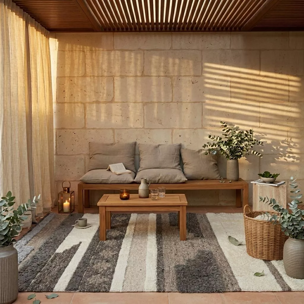 Tapis laine patchwork bandes sur terrasse méditerranéenne en pierre, canapé teck coussins lin, eucalyptus, lumière dorée