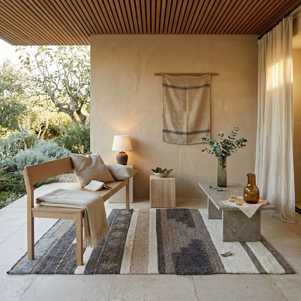 Tapis laine bandes ivoire et gris, terrasse ouverte avec banc chêne, table travertin et vue sur jardin d'oliviers