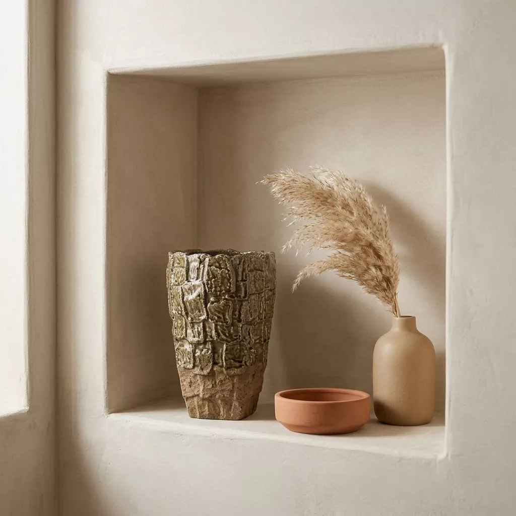 Vase en grès au relief de pierre, glaçure olive et base beige brute, dans une niche en enduit clair