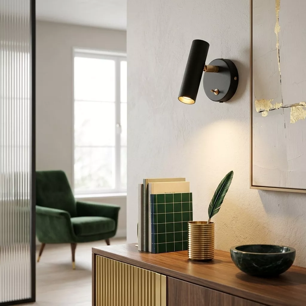 Applique cylindre orientable noir et laiton brossé allumée, mur clair, fauteuil en velours vert et buffet en noyer