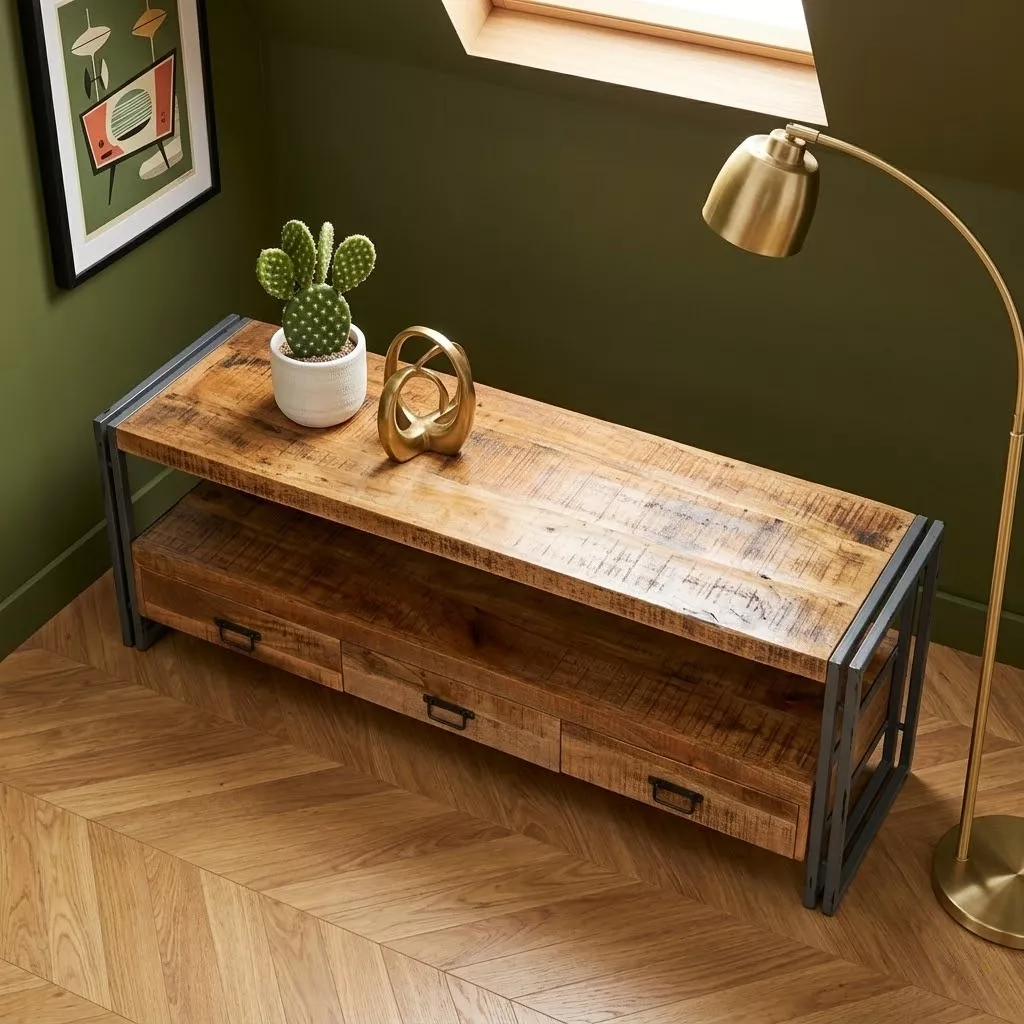 Buffet bas en bois tropical et acier noir dans un intérieur vert olive, cactus en pot, lampadaire doré et parquet chevron