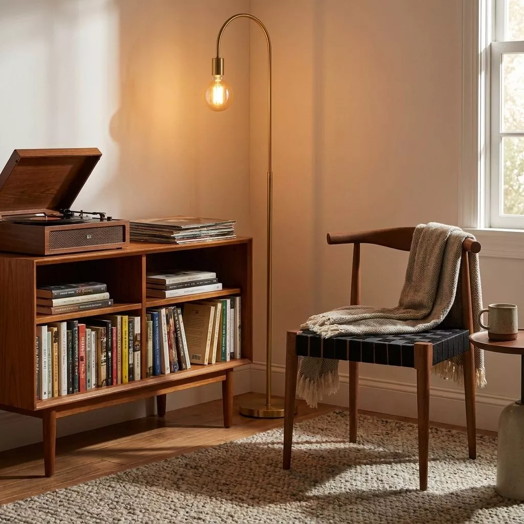 Chaise frêne teinté noyer et sangle noire, coin lecture mid-century au lampadaire arc laiton, plaid lin et meuble vinyle