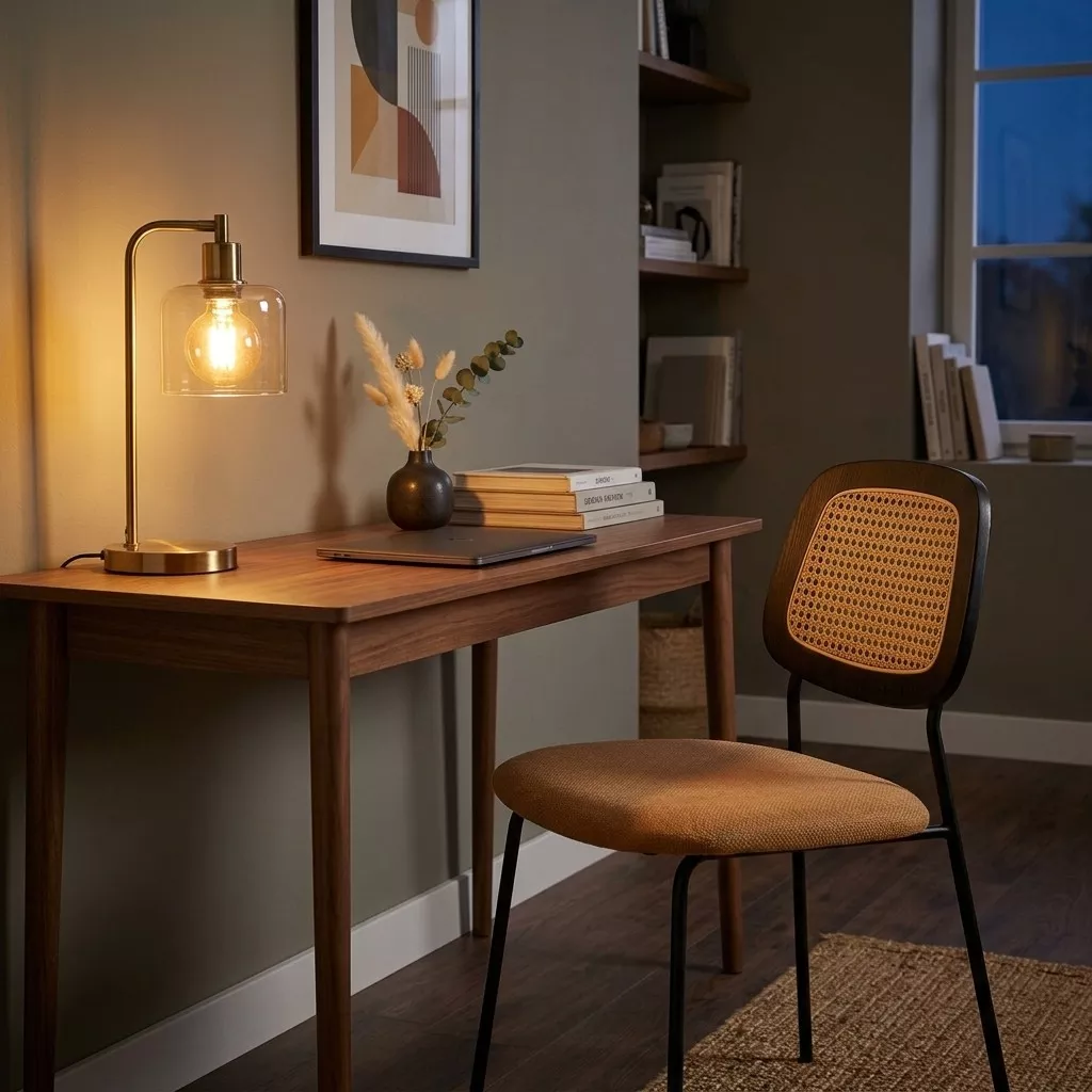 Chaise à assise tissu curry et dossier cannage bois noir près d'un bureau en noyer, mur vert olive et lampe dorée