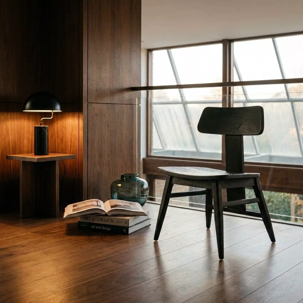 Chaise mid-century noire en teck massif près d'une verrière, panneaux noyer foncé et table d'appoint avec lampe et livres
