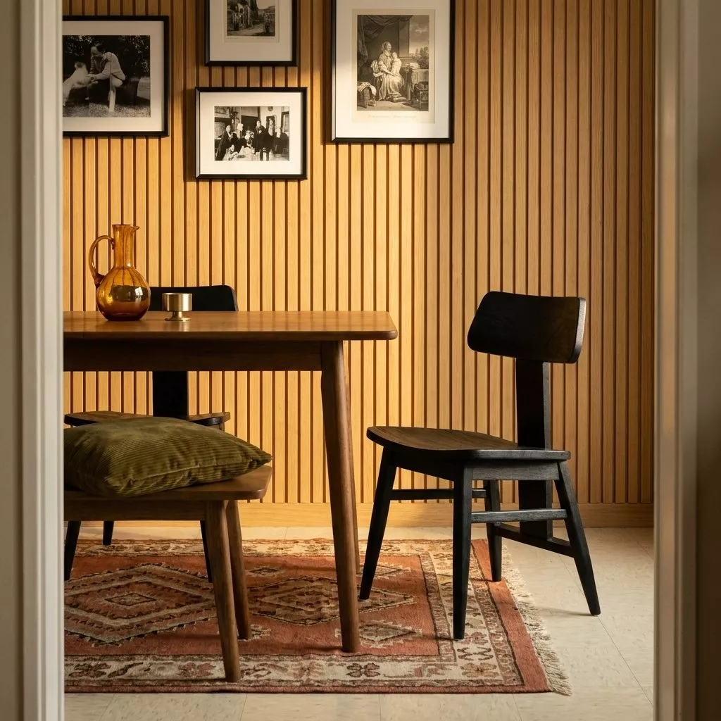 Chaise mid-century noire en teck à dossier T-back, mur en tasseaux bois miel, coussin velours olive et tapis à motif