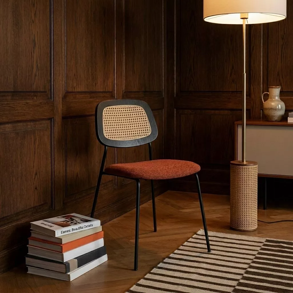Chaise tuile et cannage rotin sur structure acier noir, boiserie en bois foncé et parquet à chevrons, tapis rayé crème