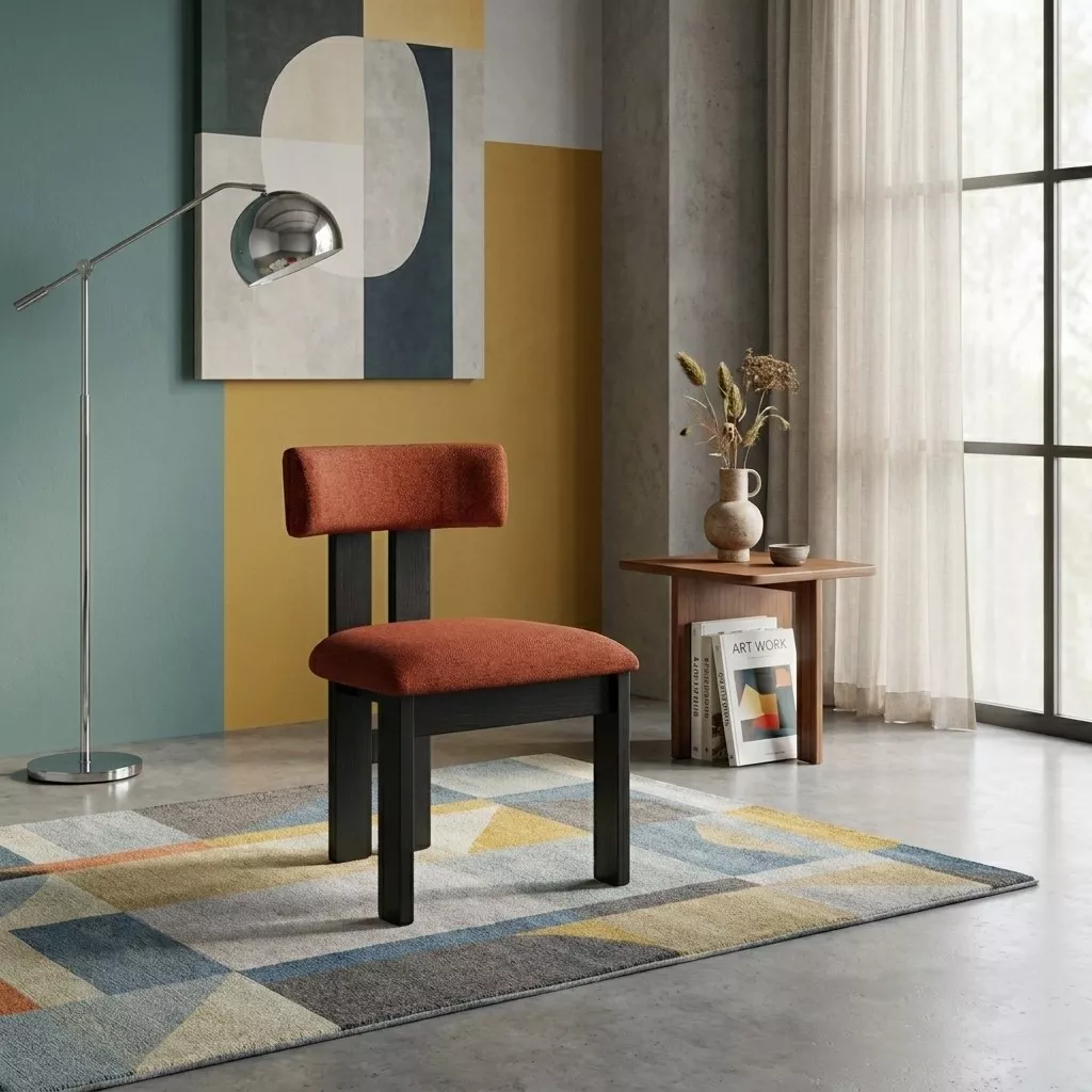 Chaise en chenille terracotta et bois laqué noir mat, salon graphique au mur color-block et lampadaire chromé