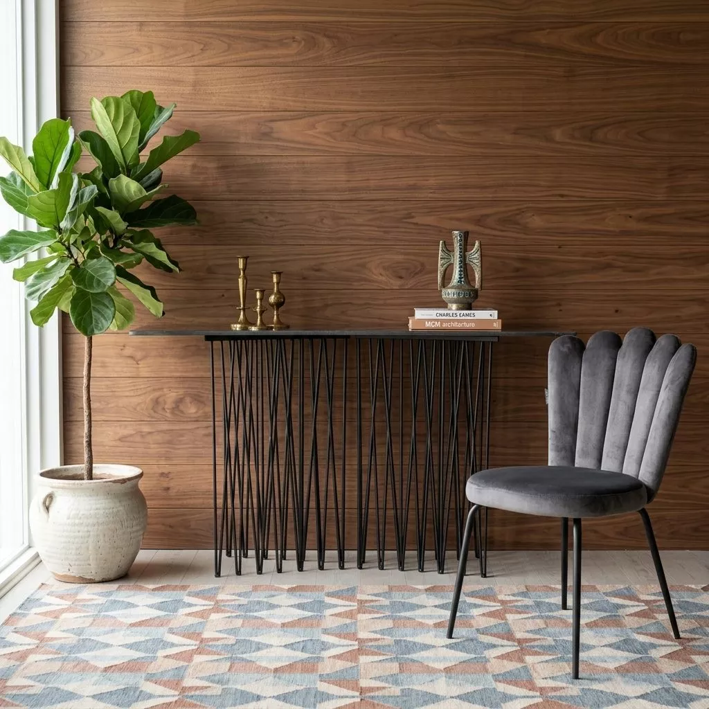 Console métal noir devant un mur en lambris noyer, bougeoirs laiton, fauteuil velours gris et tapis géométrique