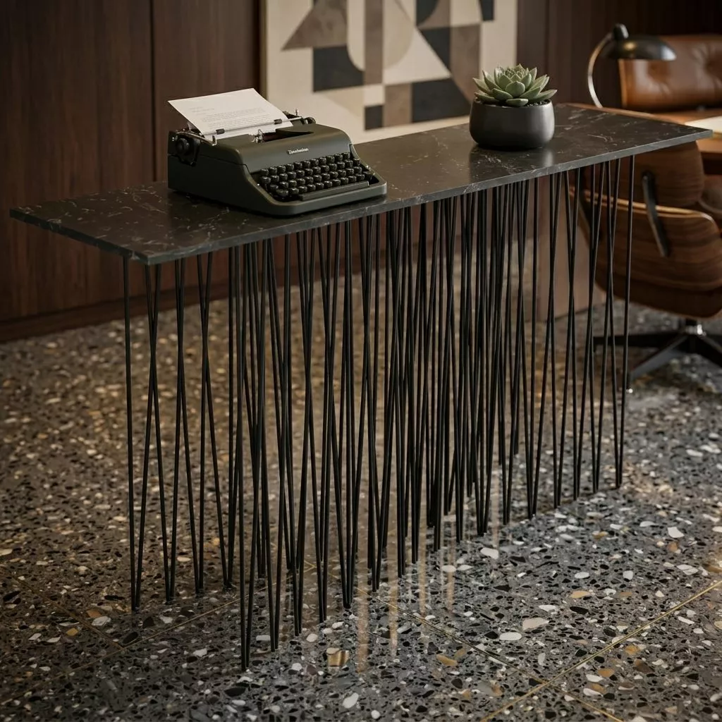 Console métal noir devant un mur en bois noyer, machine à écrire vintage, succulente et lampe cuir et laiton