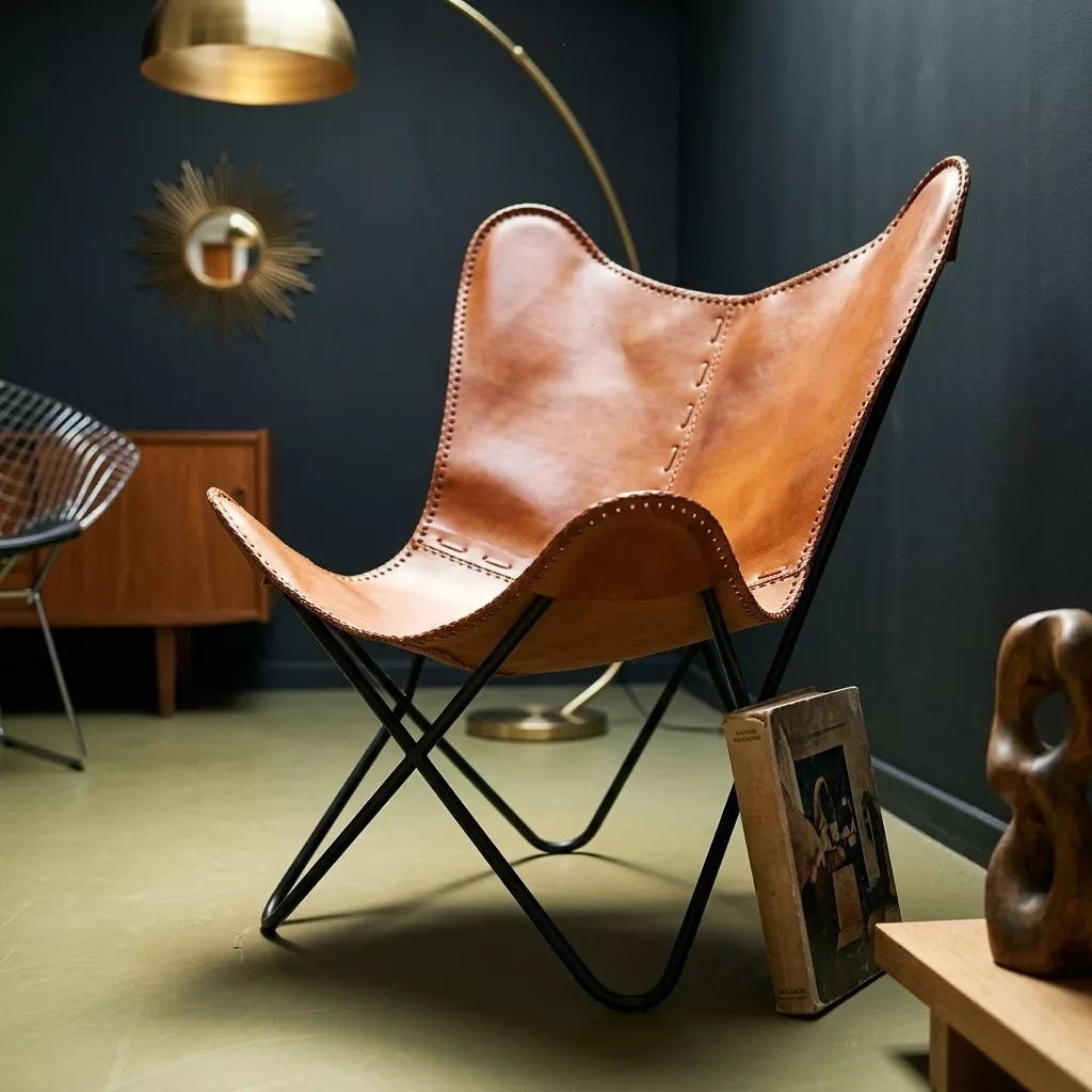 Fauteuil butterfly en cuir caramel dans un salon Mid-Century Modern, murs anthracite, lampadaire arc doré et meuble teck