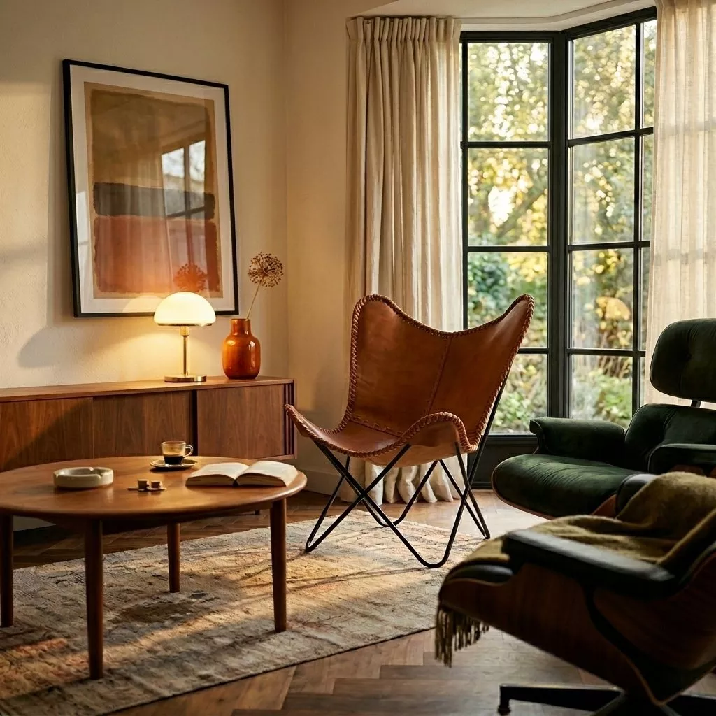 Fauteuil butterfly cuir caramel dans un salon MCM golden hour, parquet noyer et baie vitrée acier noir, Eames Lounge verte