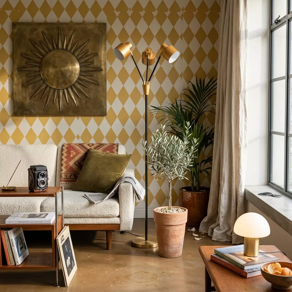 Lampadaire 3 têtes laiton dans un salon MCM aux murs papier peint losanges moutarde, canapé boucle blanc et palmier kentia