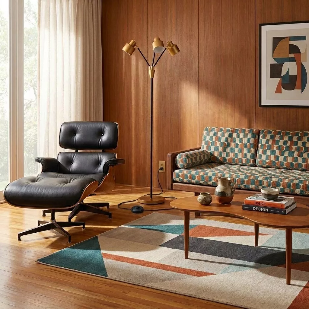 Lampadaire 3 têtes laiton dans un salon MCM boiseries teck, sofa géométrique teal, Eames lounge et table basse ronde noyer