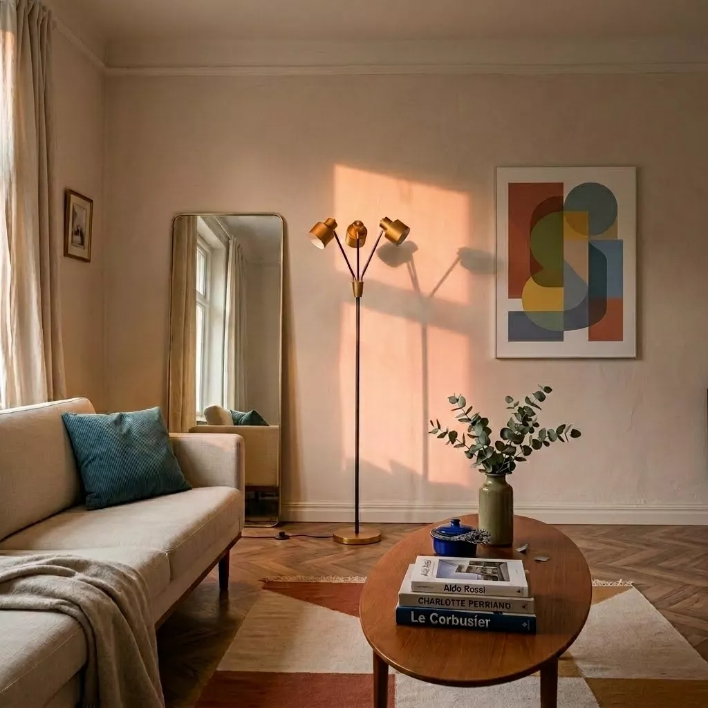 Lampadaire 3 têtes noir laiton dans un salon crème golden hour, parquet chevron noyer et miroir leaner doré