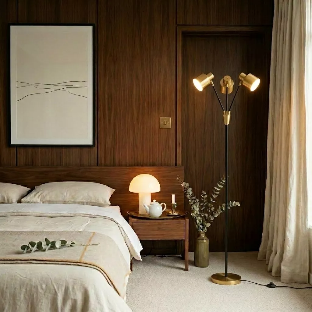 Lampadaire 3 têtes laiton allumé dans une chambre panneaux noyer, table de nuit avec lampe champignon et literie lin beige