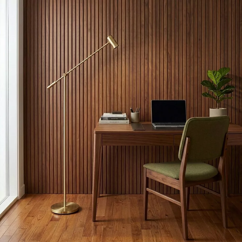 Lampadaire balancier en laiton poli devant un mur en tasseaux de bois, bureau et chaise en bois aux pieds fuselés
