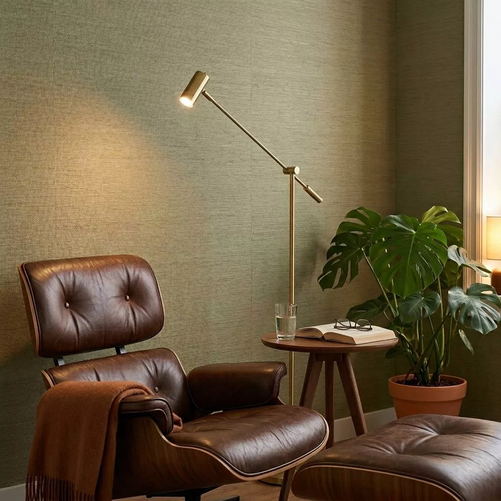 Lampadaire balancier en laiton poli dans un salon mur vert sauge tissé, fauteuil cuir cognac et grande plante verte
