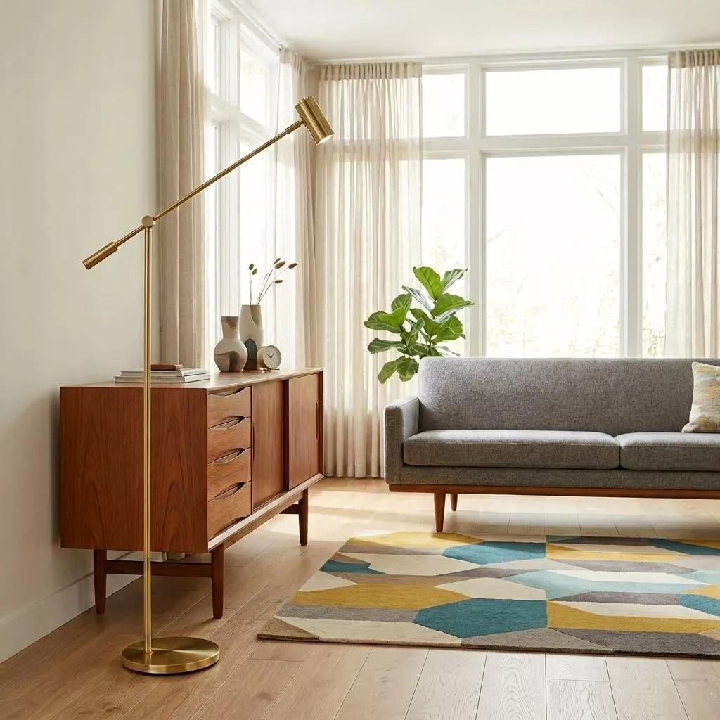 Lampadaire balancier en laiton poli dans un salon clair, buffet teck, canapé en lin gris et tapis géométrique multicolore