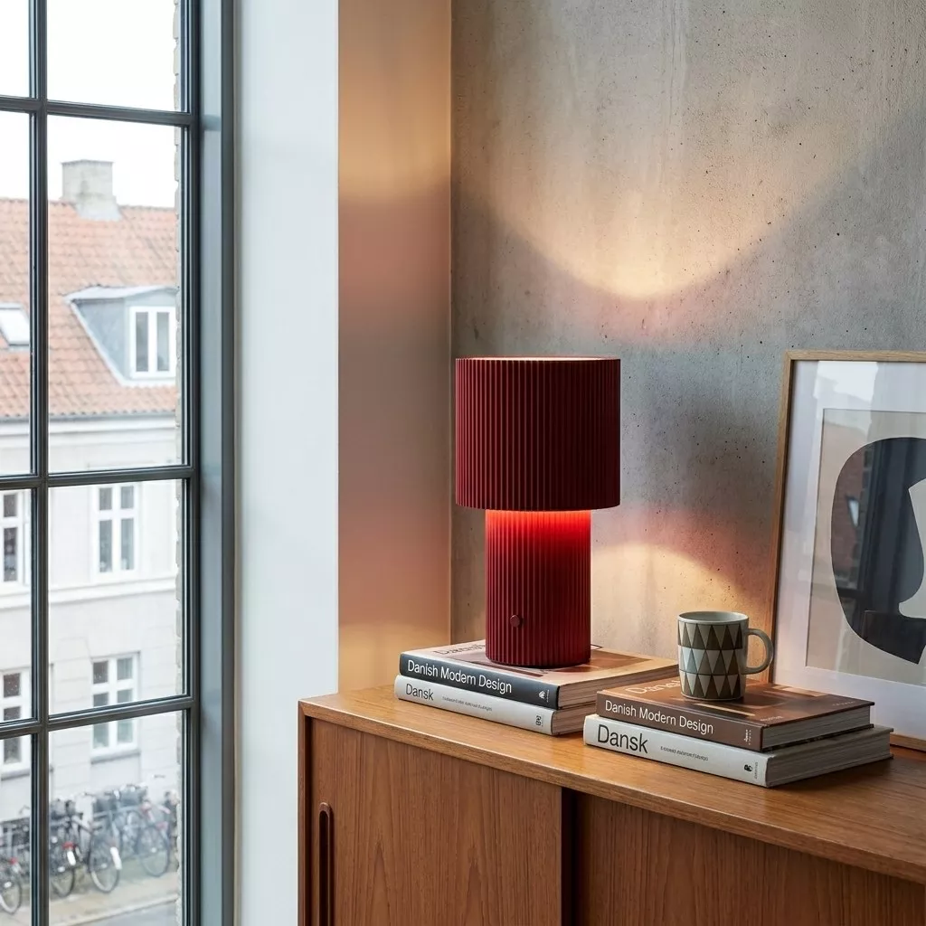 Lampe à poser rechargeable rouge posée sur des livres de design danois, meuble en bois chaud et mur en béton lisse.