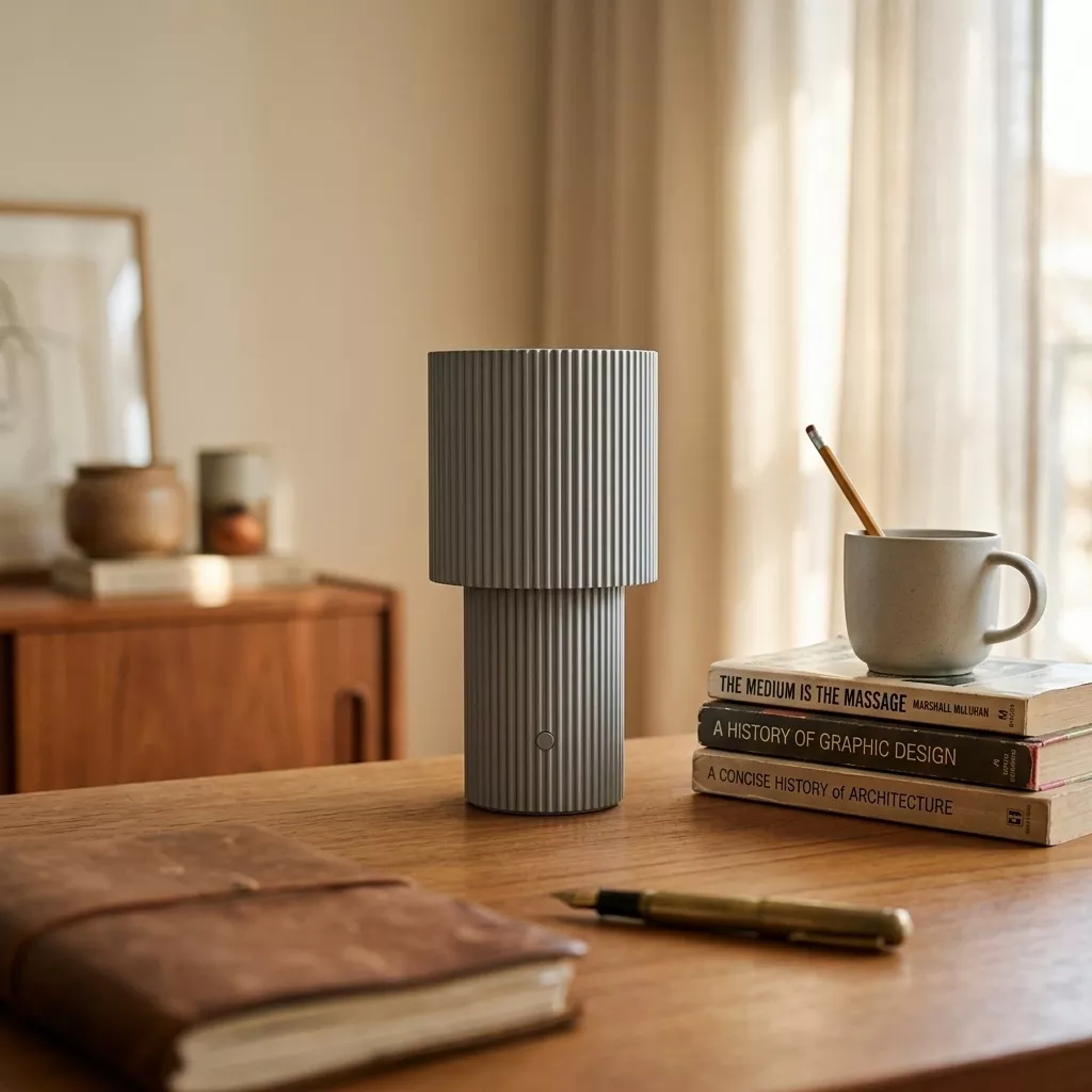 Lampe sans fil argent posée sur un bureau en bois chaud, près d'une pile de livres de design et d'un stylo à plume.