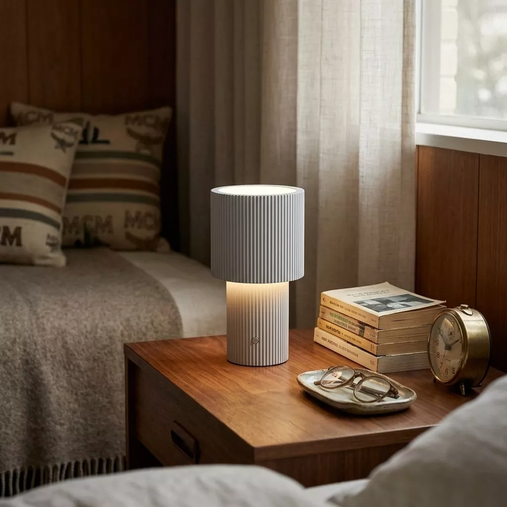 Lampe sans fil argent allumée sur une table de nuit en bois sombre, chambre mid-century avec lambris bois et coussins motif.