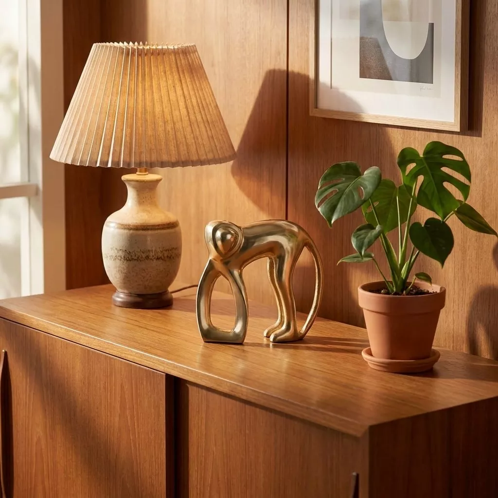 Sculpture de singe en aluminium doré sur un buffet en noyer, près d'une lampe en céramique et d'une plante en pot