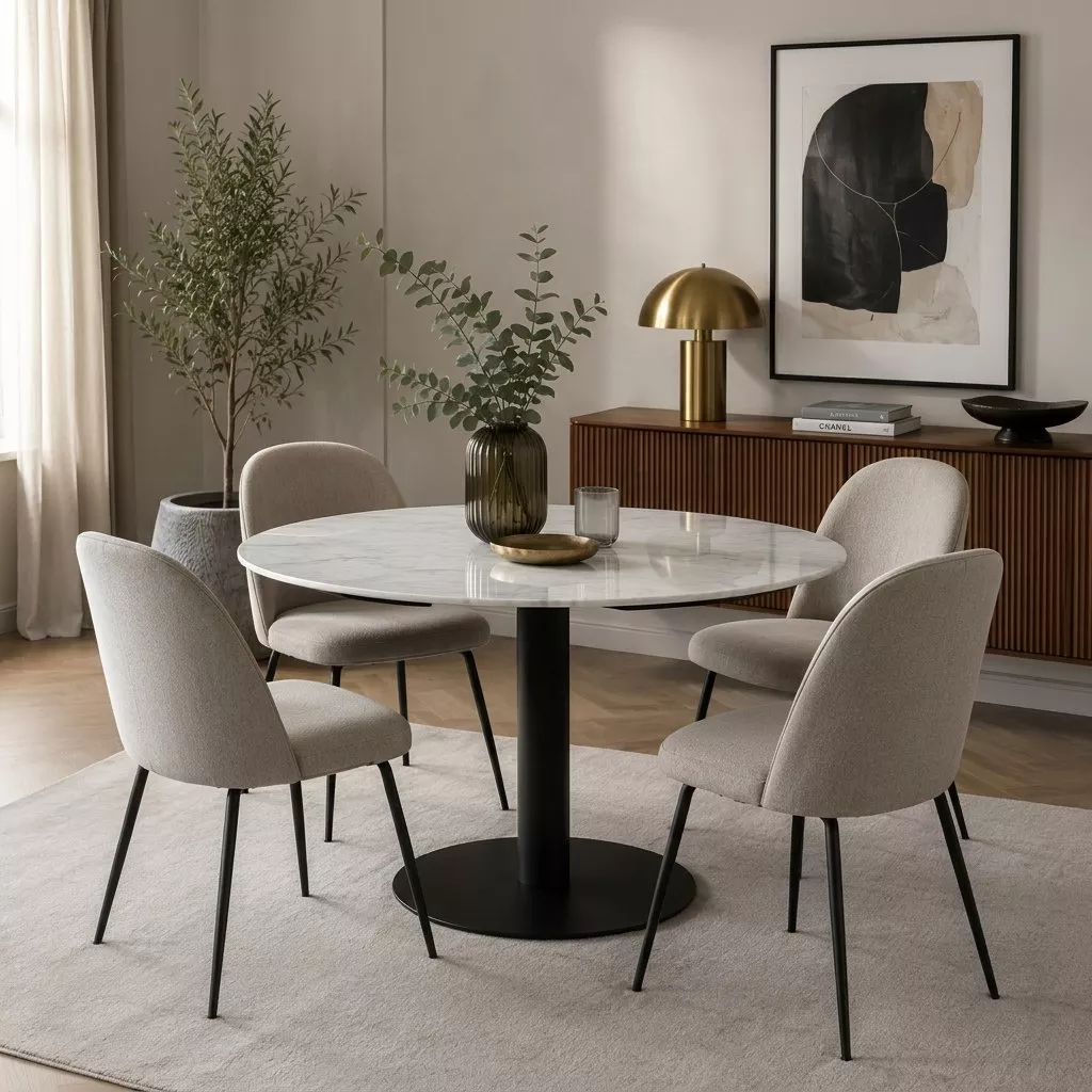 Table ronde marbre blanc et pied central acier noir, chaises bouclette claires, console en noyer et lampe champignon laiton.