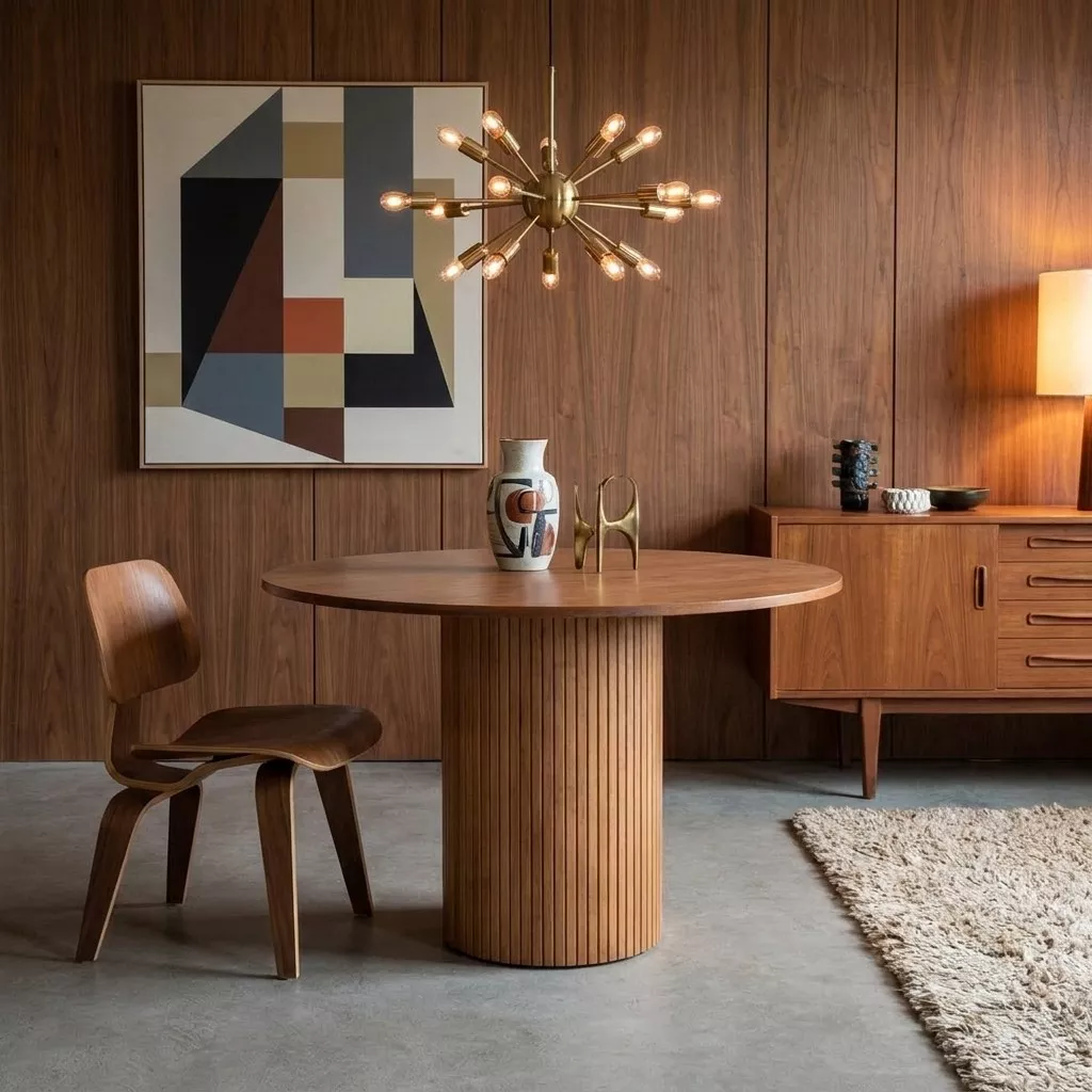 Table ronde noyer cannelée dans une pièce mid-century, chaise plywood et suspension laiton à branches.