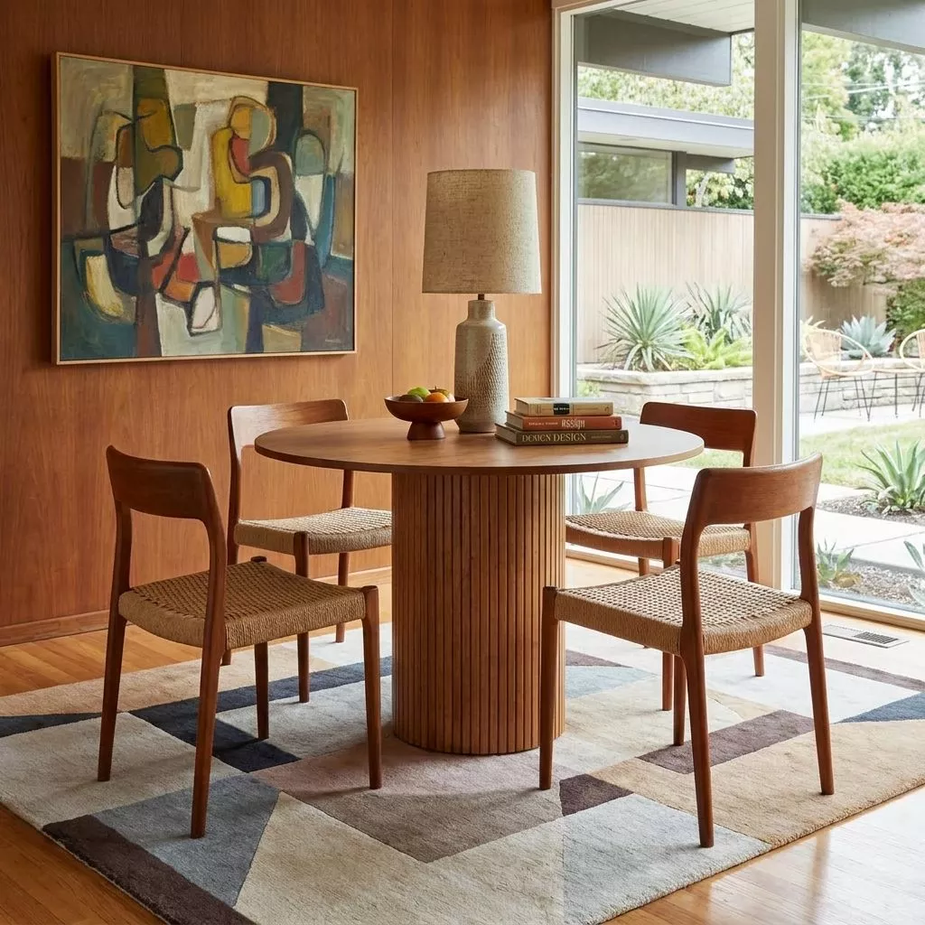 Table ronde placage noyer dans un intérieur mid-century, chaises bois et paper cord sur tapis géométrique.