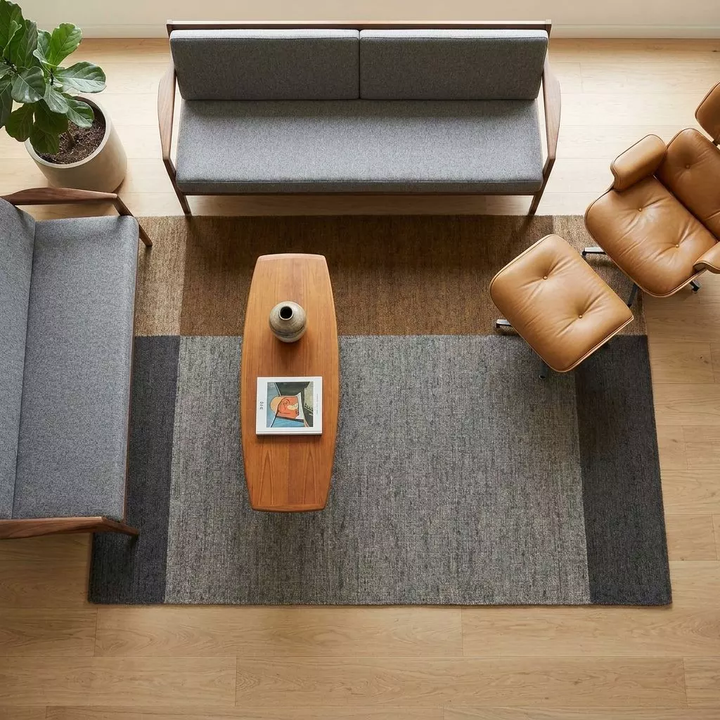 Tapis jacquard moutarde et gris vu en plongée, salon mid-century canapés feutre gris, fauteuil cuir cognac et table noyer