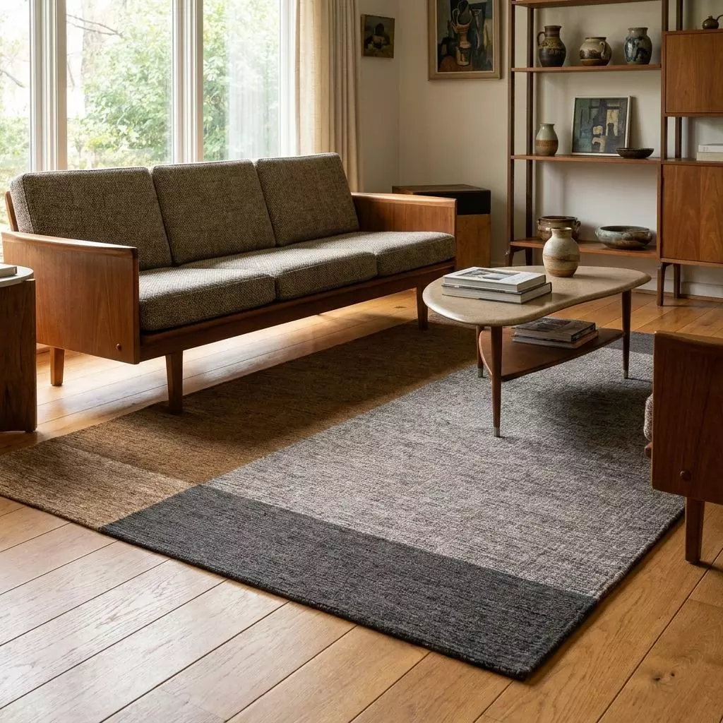 Tapis jacquard moutarde, gris et anthracite, salon mid-century chaleureux, canapé bois noyer et étagère modulaire bois