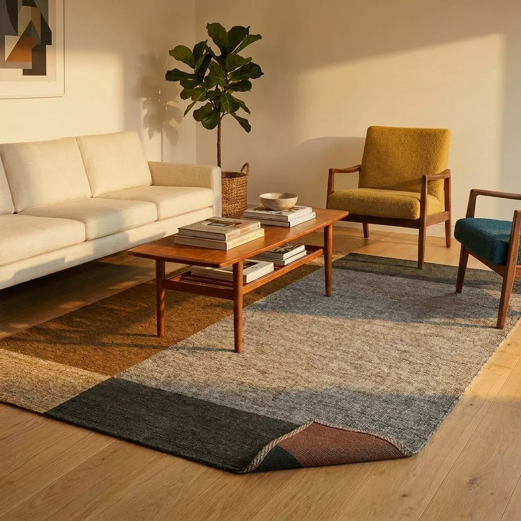 Tapis jacquard moutarde, gris et anthracite, salon mid-century avec fauteuils velours moutarde et bleu pétrole