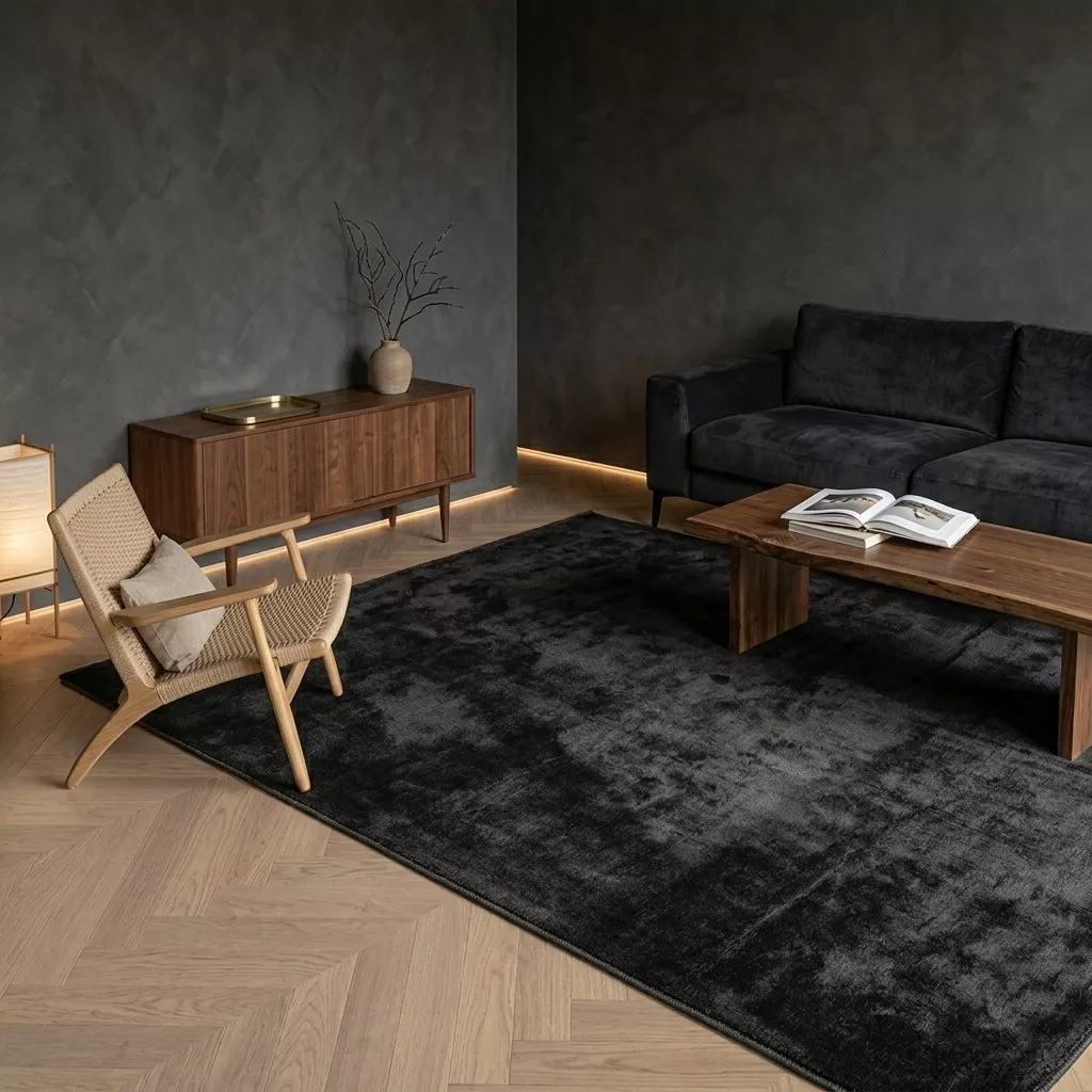 Tapis viscose anthracite dans un salon mur foncé, parquet chevron, fauteuil cordage tressé et sofa anthracite